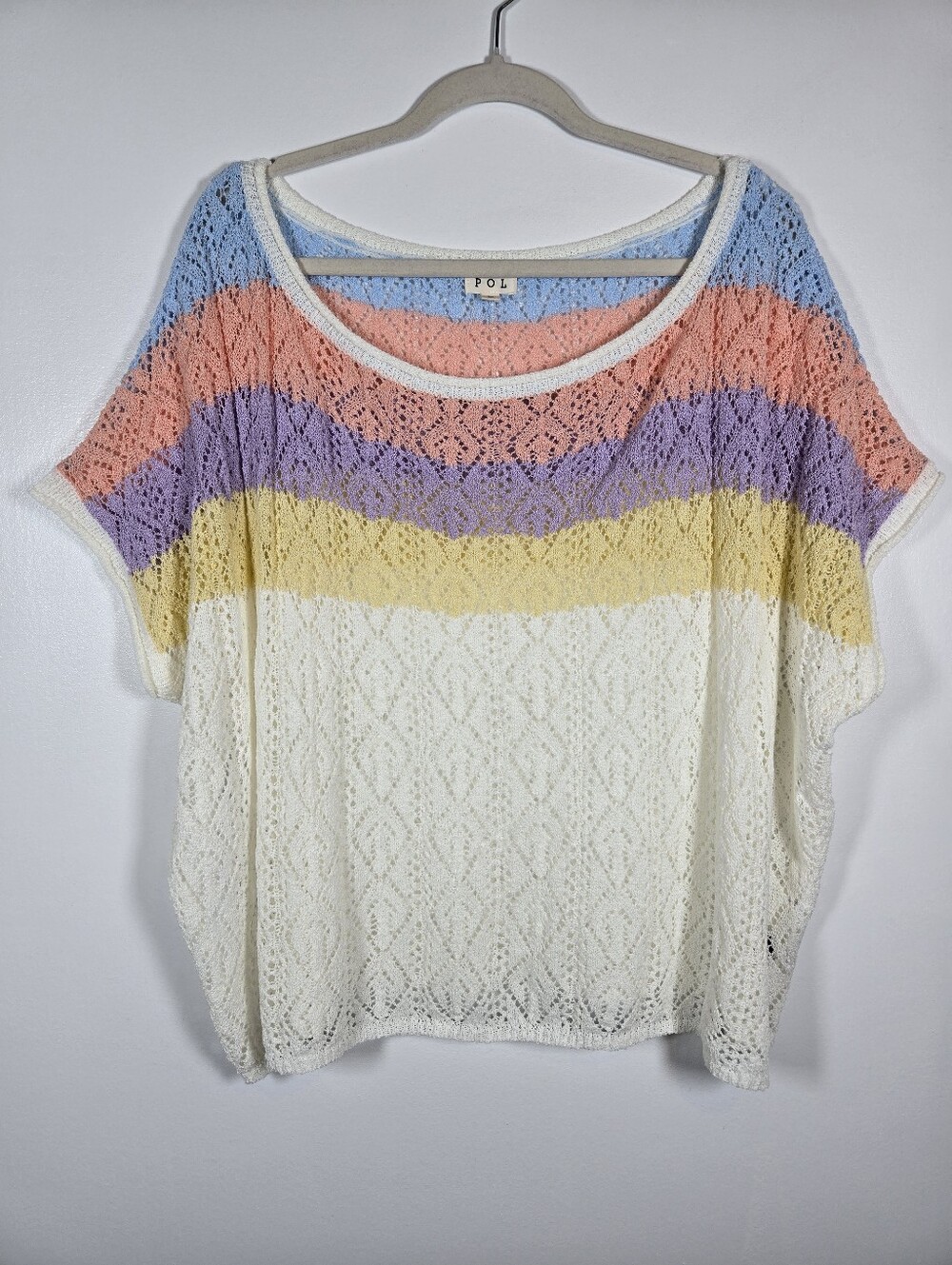 POL Pastel Stripe Oversized Open Knit Dolman Sleeve Lightweight Sweater Large